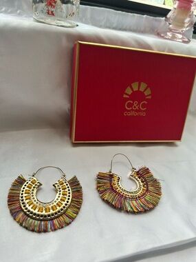 C&C California Gold Hoop Earrings with Multicolor Fringe